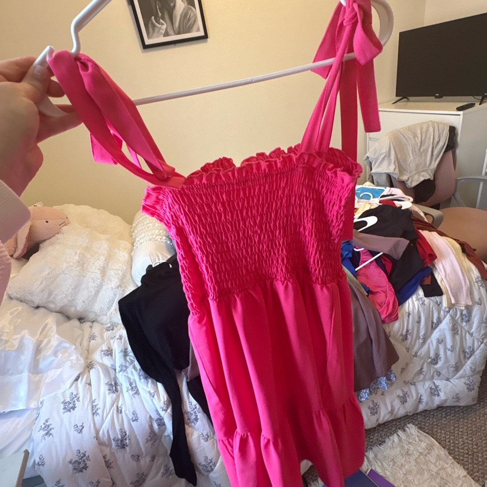 Pink Smocked Dress with Bow Straps
